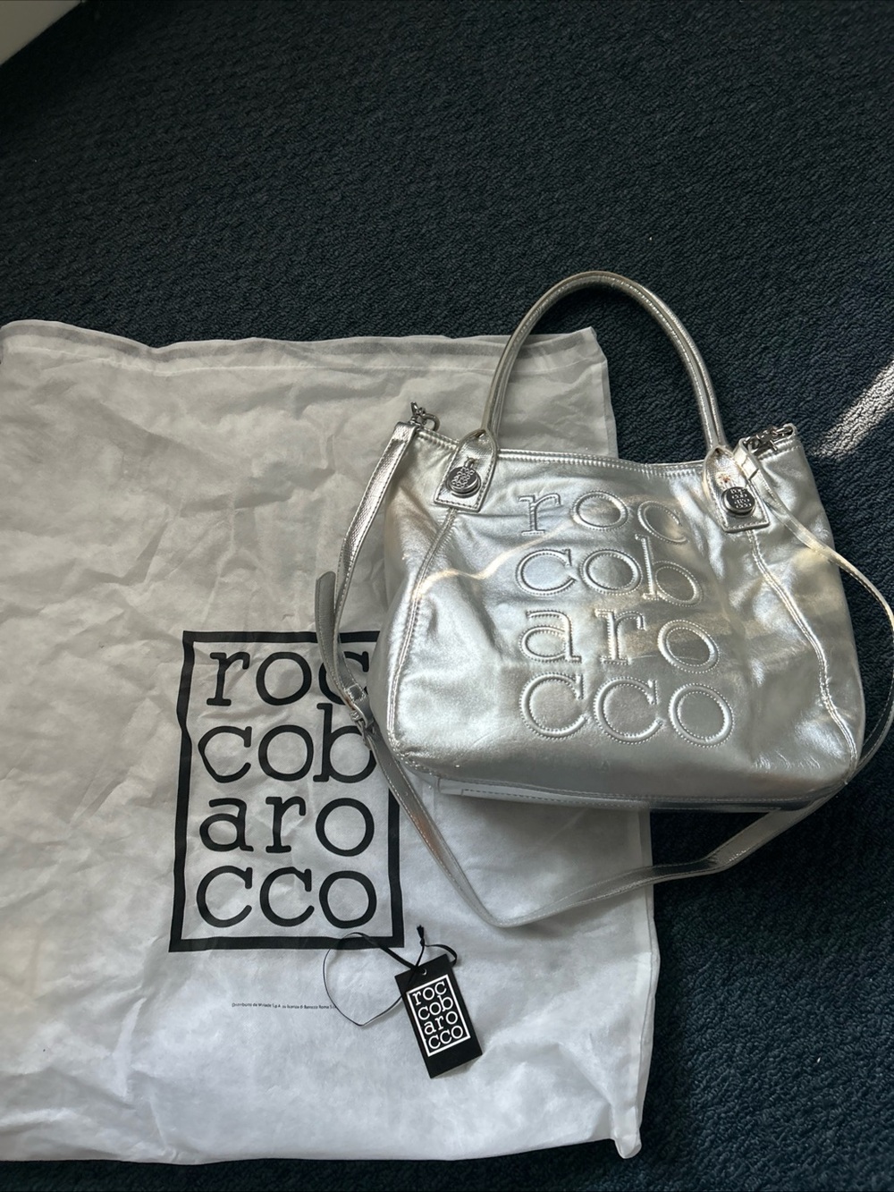 Roccobarocco Satchel Silver Logo  Tote Bag Zip Top Lined Inner Pockets